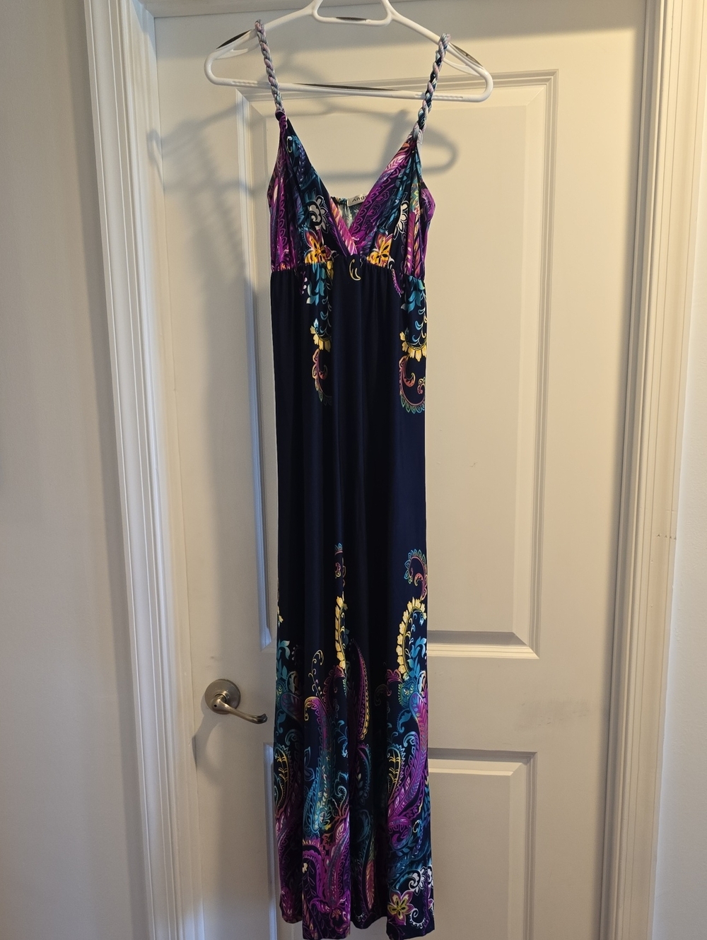 Angela Women’s Navy Maxi Dress with Purple & Teal Paisley Print